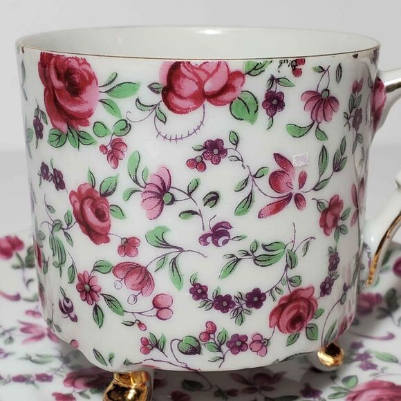 Chintz Teacup and Saucer 3 Footed Pink Flowers Vintage - Picture 2 of 10